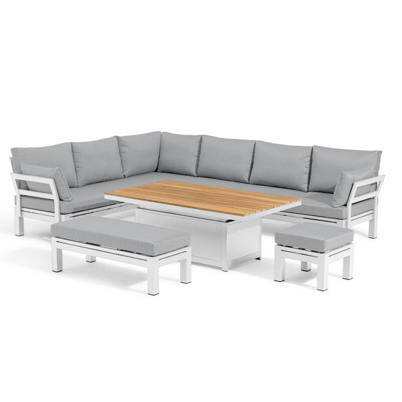 Aluminium Corner Group with Teak Rising Table white – PergolaPlus ...